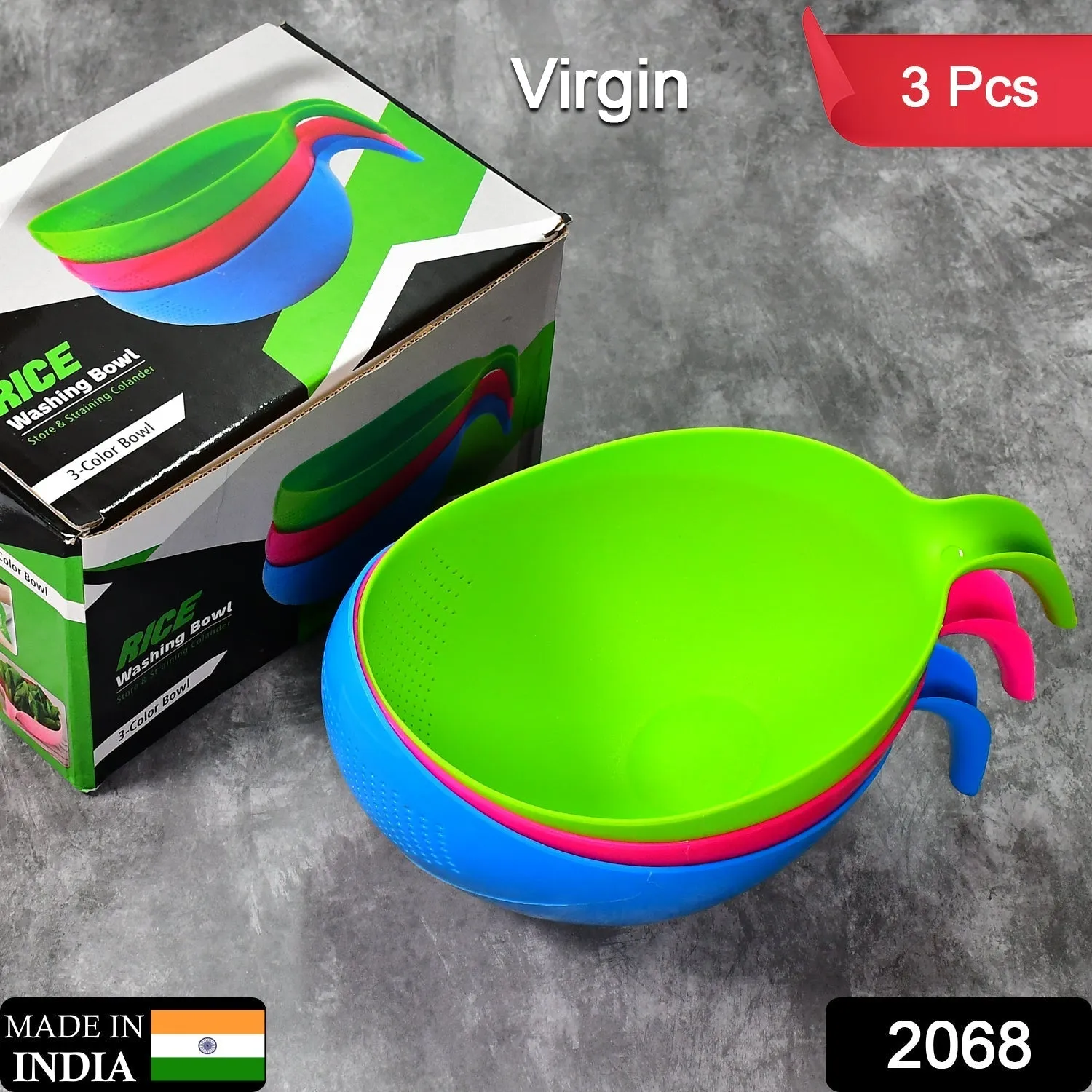 2068 Plastic Rice Bowl / Food Strainer Thick Drain Basket with Handle for Rice, Vegetable & Fruit (set of 3pcs)