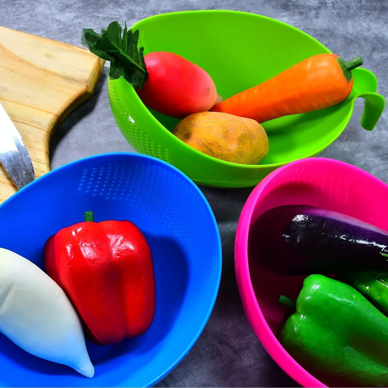 2068 Plastic Rice Bowl / Food Strainer Thick Drain Basket with Handle for Rice, Vegetable & Fruit (set of 3pcs)