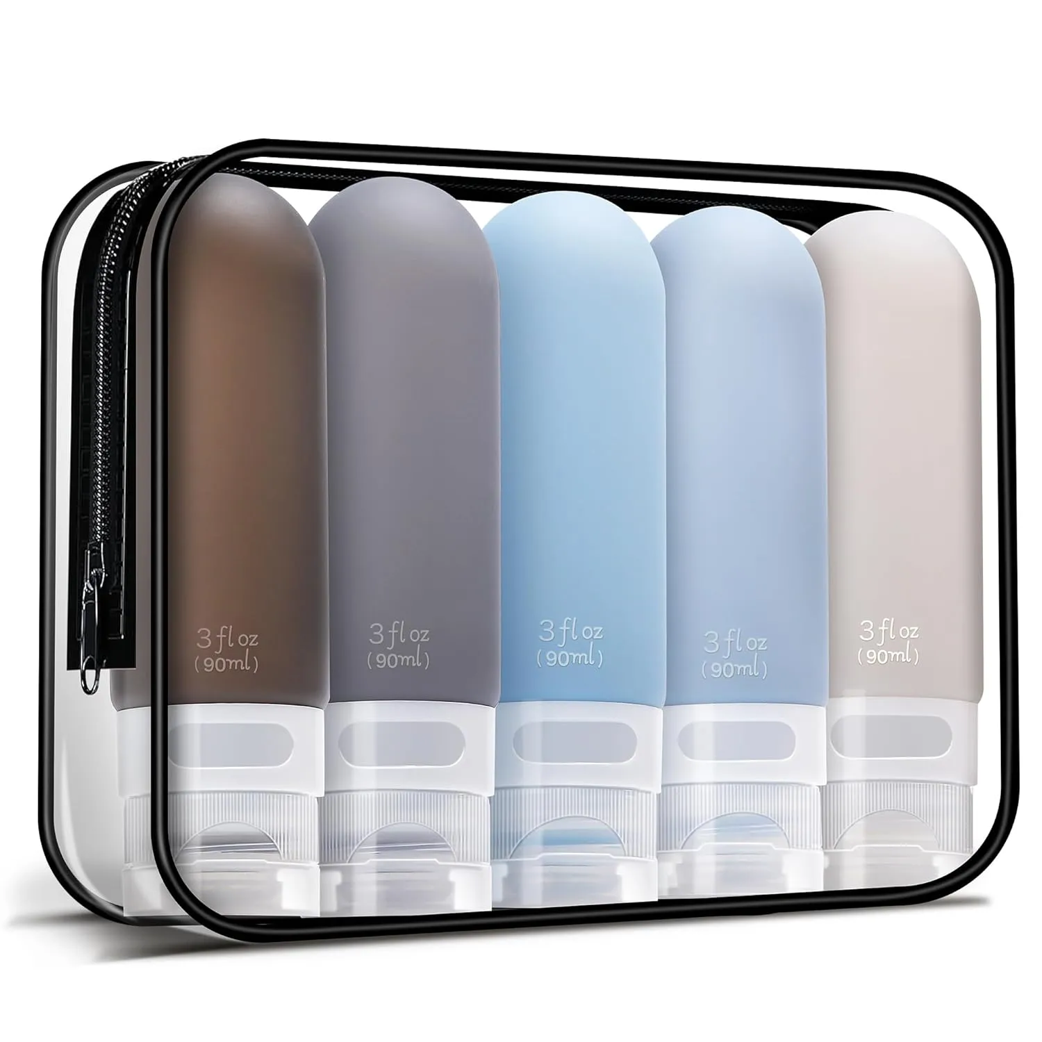 3oz Travel Bottles for Toiletries,Silicone Leak Proof Squeezable Travel Containers,TSA Approved Travel Essentials Bag for Shampoo Conditioner,5 Pack,Black Pack