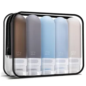 3oz Travel Bottles for Toiletries,Silicone Leak Proof Squeezable Travel Containers,TSA Approved Travel Essentials Bag for Shampoo Conditioner,5 Pack,Black Pack