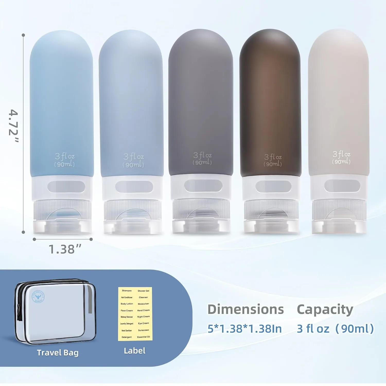3oz Travel Bottles for Toiletries,Silicone Leak Proof Squeezable Travel Containers,TSA Approved Travel Essentials Bag for Shampoo Conditioner,5 Pack,Black Pack