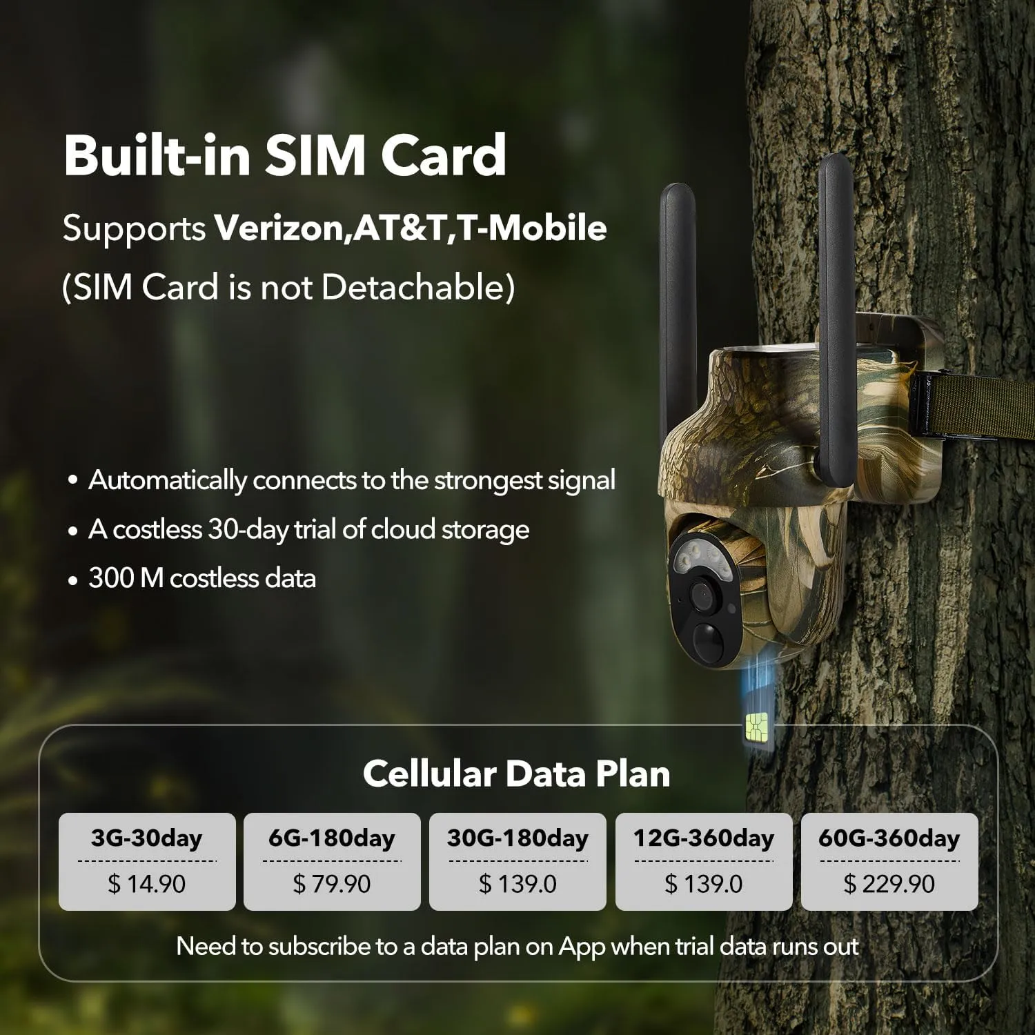 4G LTE Cellular Trail Cameras 2K 360 View Live Feed Game Camera Built-in SIM Card with Motion Activated Color Night Vision Remote Phone Access Solar Powered Trail Camera
