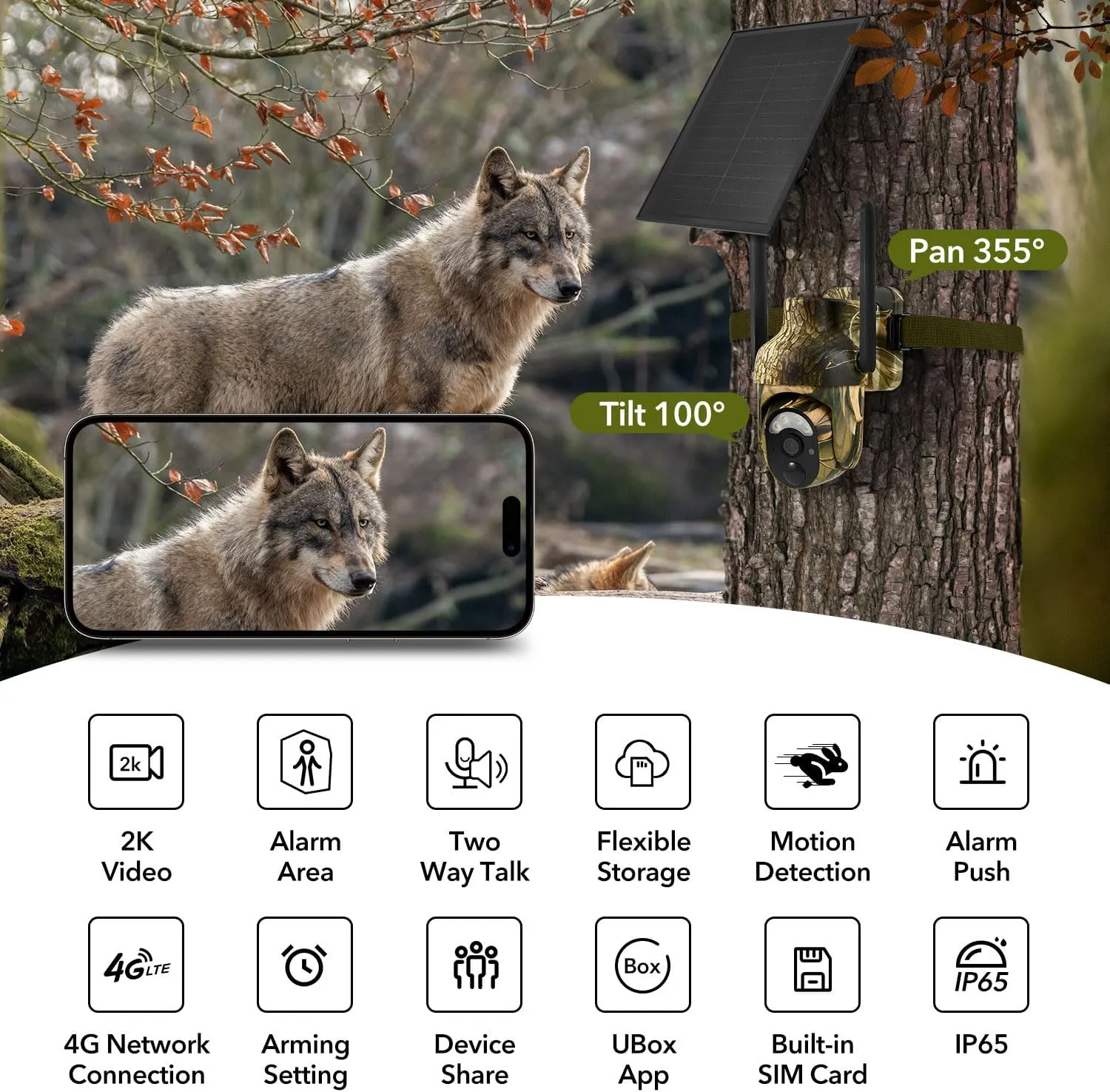 4G LTE Cellular Trail Cameras 2K 360 View Live Feed Game Camera Built-in SIM Card with Motion Activated Color Night Vision Remote Phone Access Solar Powered Trail Camera