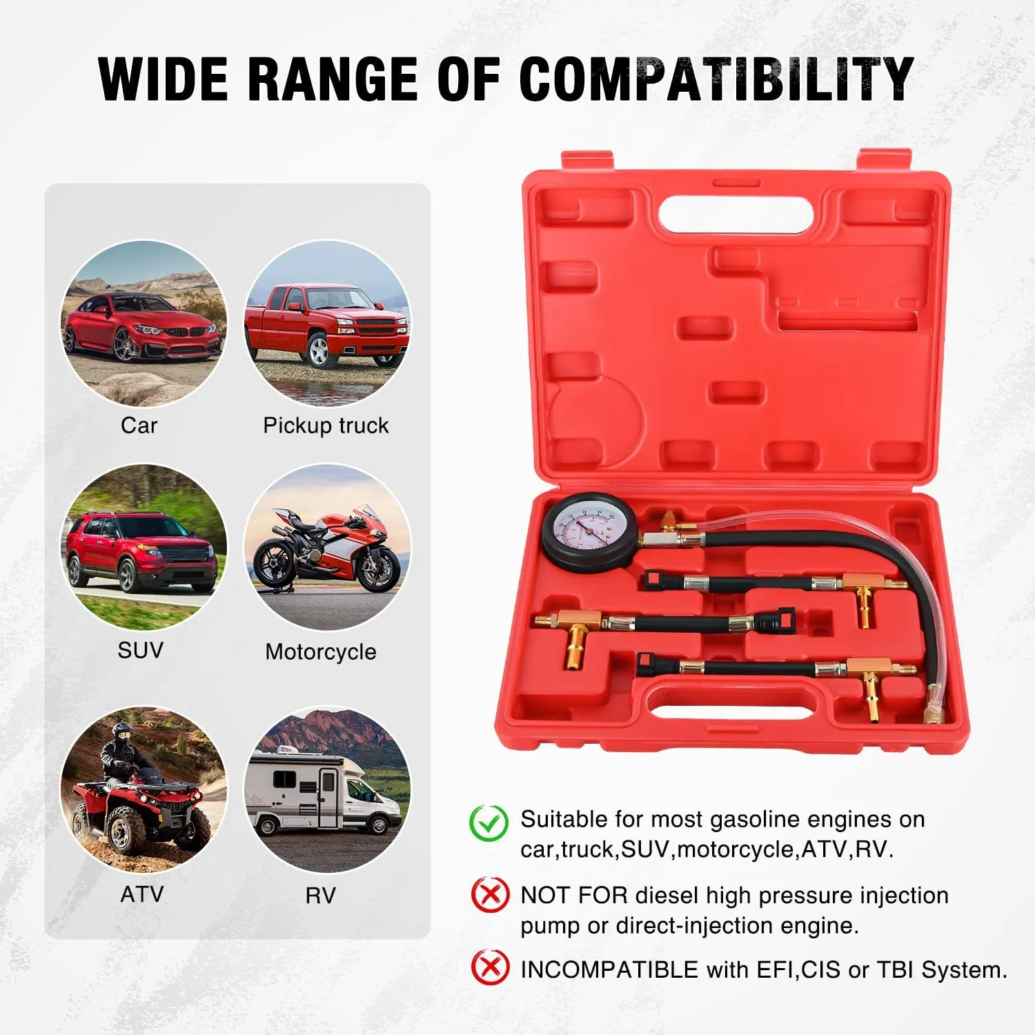 4pcs Fuel Pressure Gauge Tester Kit with 6.30 7.89 9.49 Fuel Line Fittings