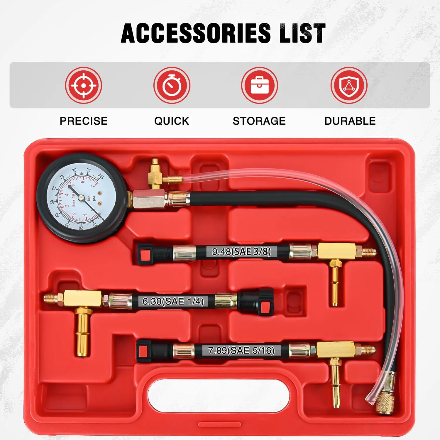 4pcs Fuel Pressure Gauge Tester Kit with 6.30 7.89 9.49 Fuel Line Fittings
