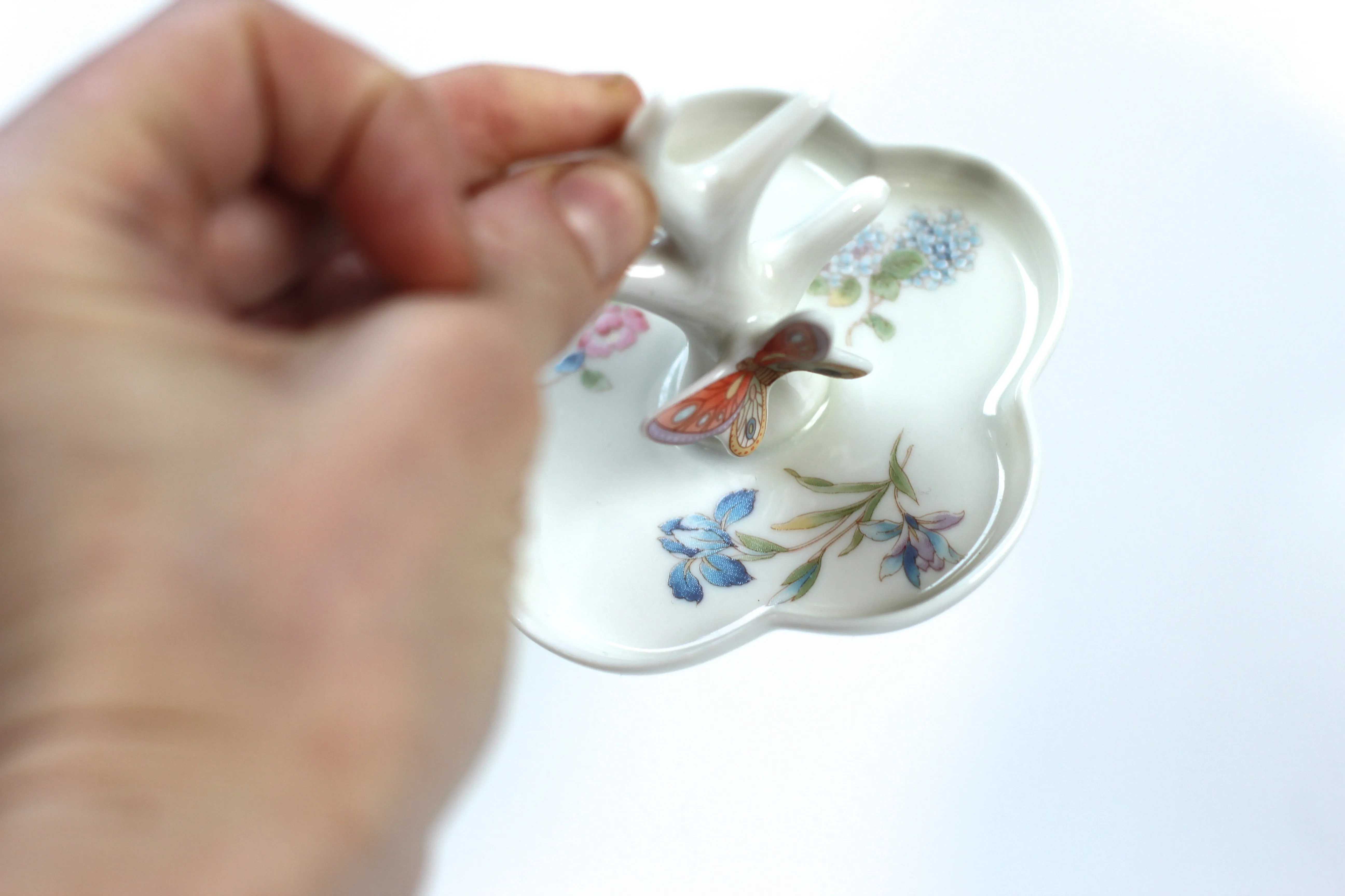 Antique Butterfly Flowers Porcelain Ring Holder