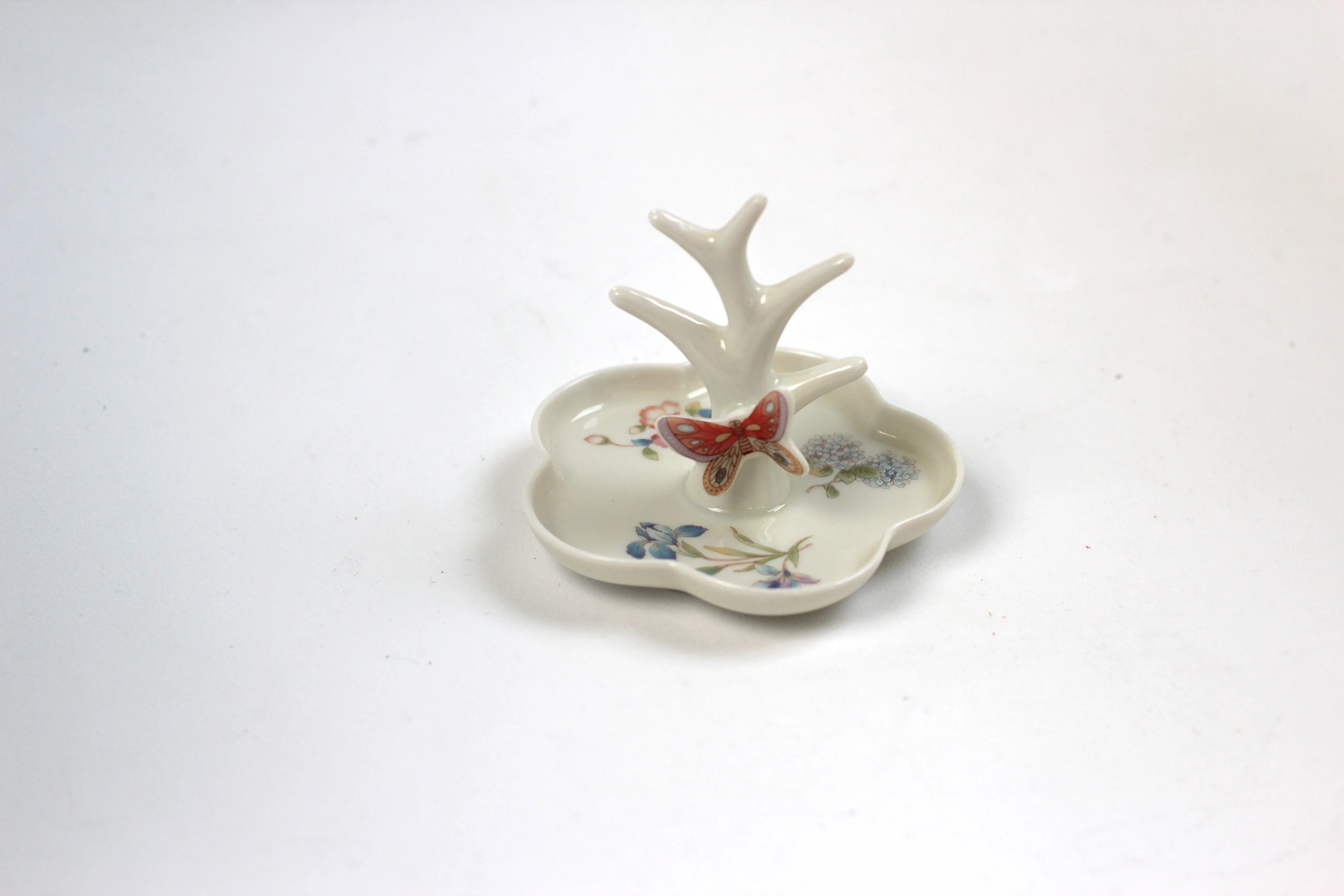 Antique Butterfly Flowers Porcelain Ring Holder