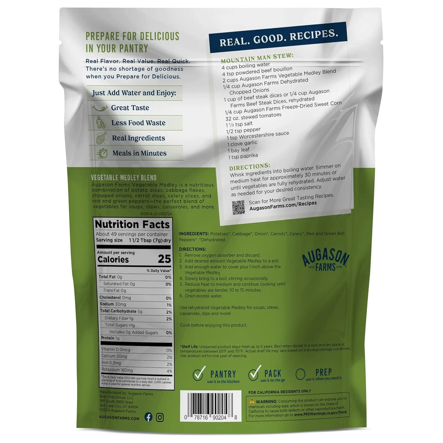 Augason Farms Vegetable Medley Blend Resealable Pouch, Emergency Food Supply, Everyday Meals, 49 Servings