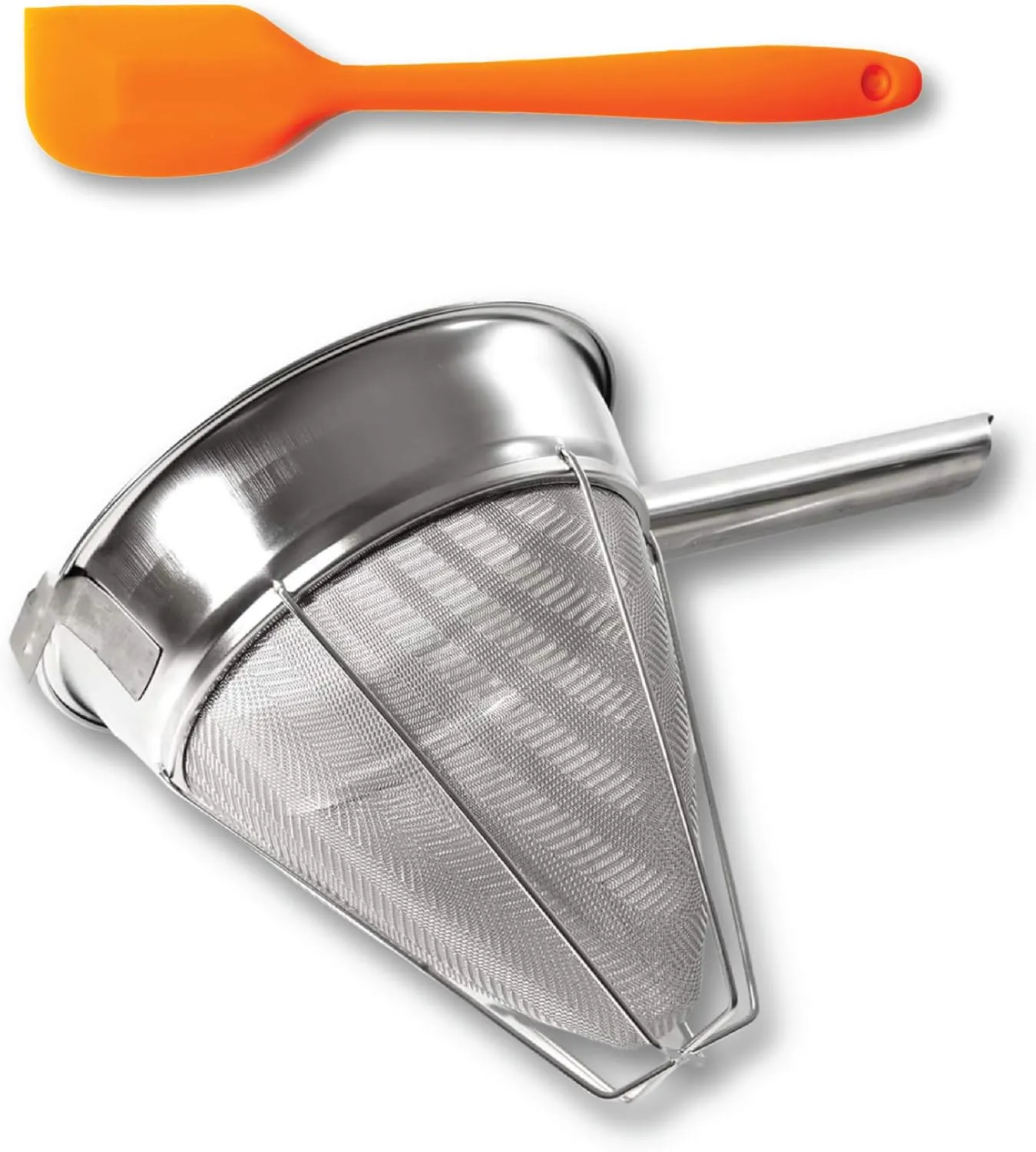 Bouillon Strainer - Stainless Steel Fine Mesh Metal Food Chinois, Cone Separator, Kitchen Colander Sieve for Sauce Jam Jelly Tea, 8" - With Spatula