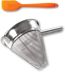Bouillon Strainer - Stainless Steel Fine Mesh Metal Food Chinois, Cone Separator, Kitchen Colander Sieve for Sauce Jam Jelly Tea, 8" - With Spatula