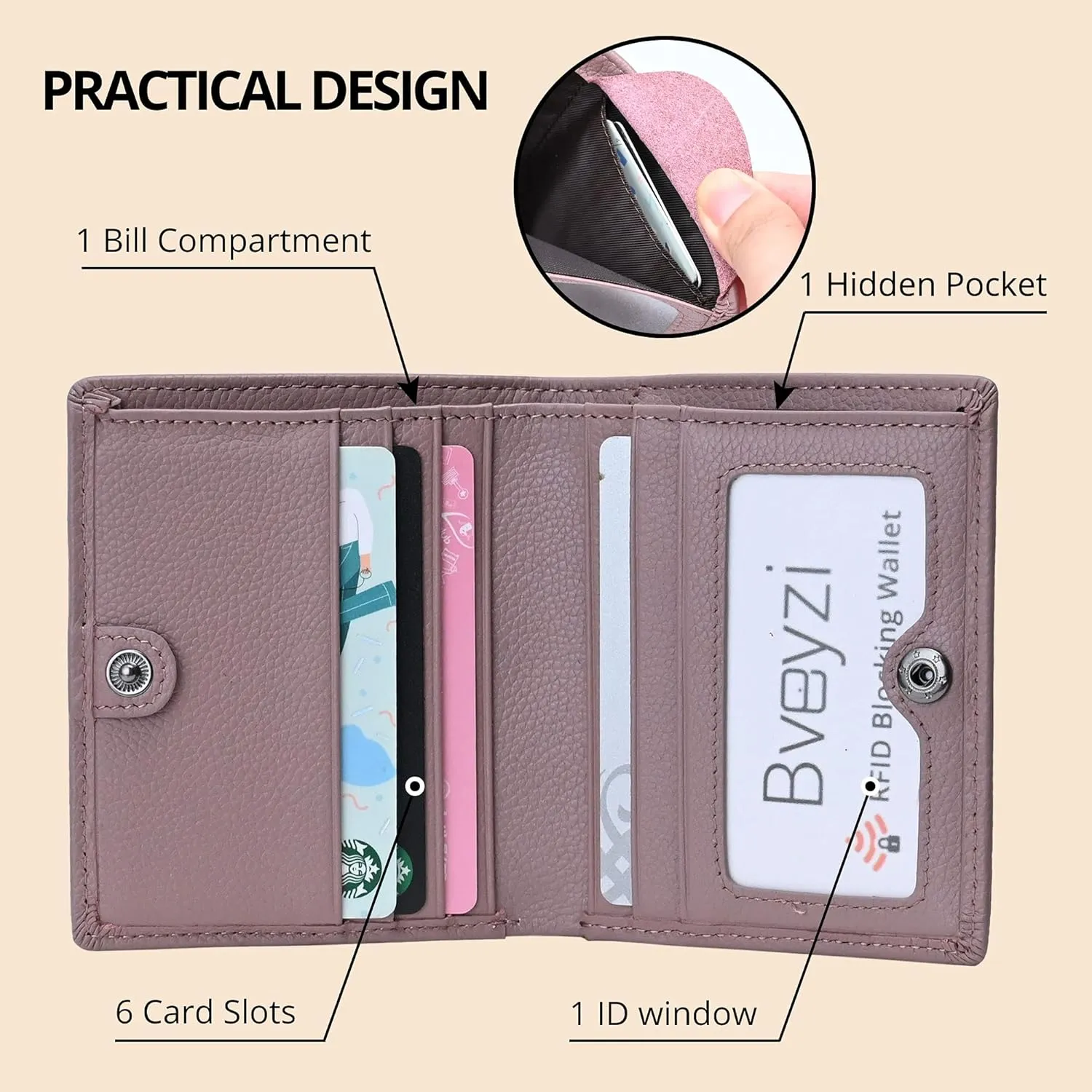 Bveyzi Ultra Slim Small RFID Wallet for Women, Leather Tiny Thin Bifold Pocket Ladies Wallet