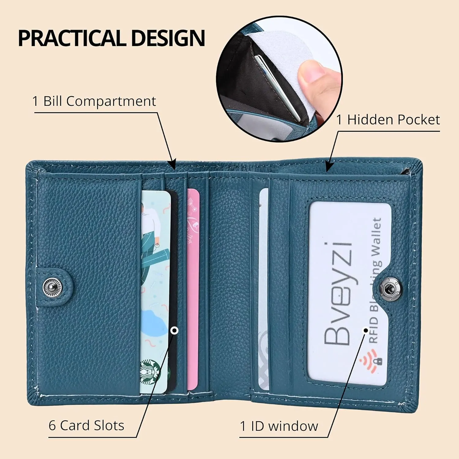 Bveyzi Ultra Slim Small RFID Wallet for Women, Leather Tiny Thin Bifold Pocket Ladies Wallet