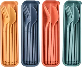 Camping Utensil Set, Reusable Utensils Set with Case, Plastic Cutlery Set Forks Spoon Tableware Chopsticks, Portable Cutlery Set for Travel Picnic Camping or Daily Use (Dark Color-4)