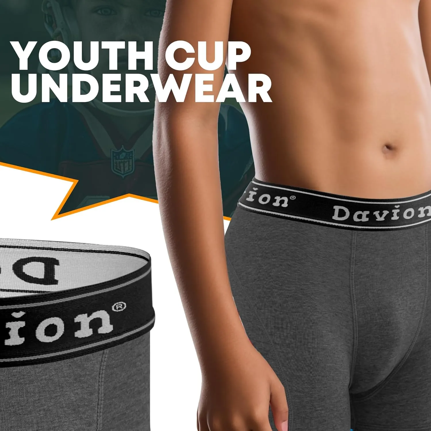 Davion 2-Pack Boys Underwear with 1 Soft Protective Athletic Cup Youth Briefs for Football, Baseball, Lacrosse