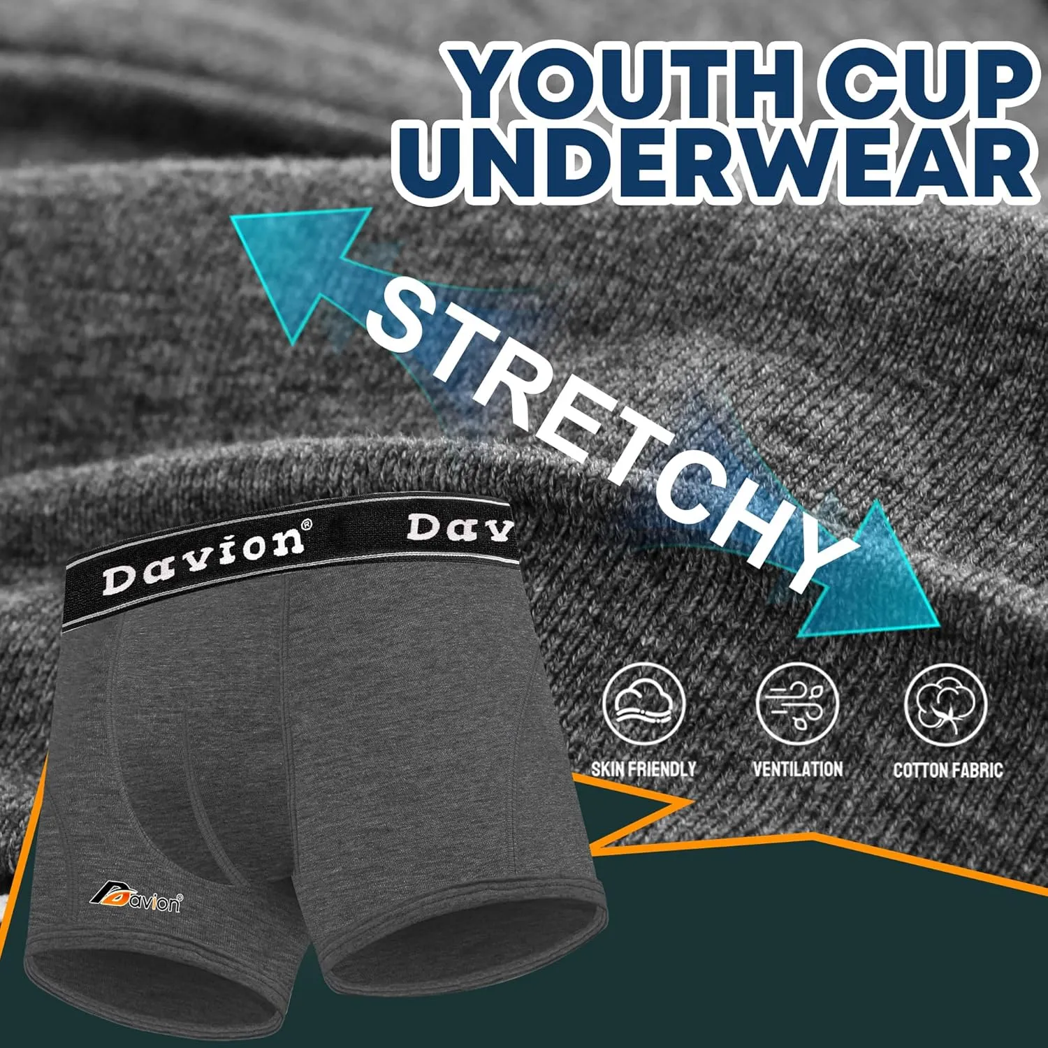 Davion 2-Pack Boys Underwear with 1 Soft Protective Athletic Cup Youth Briefs for Football, Baseball, Lacrosse