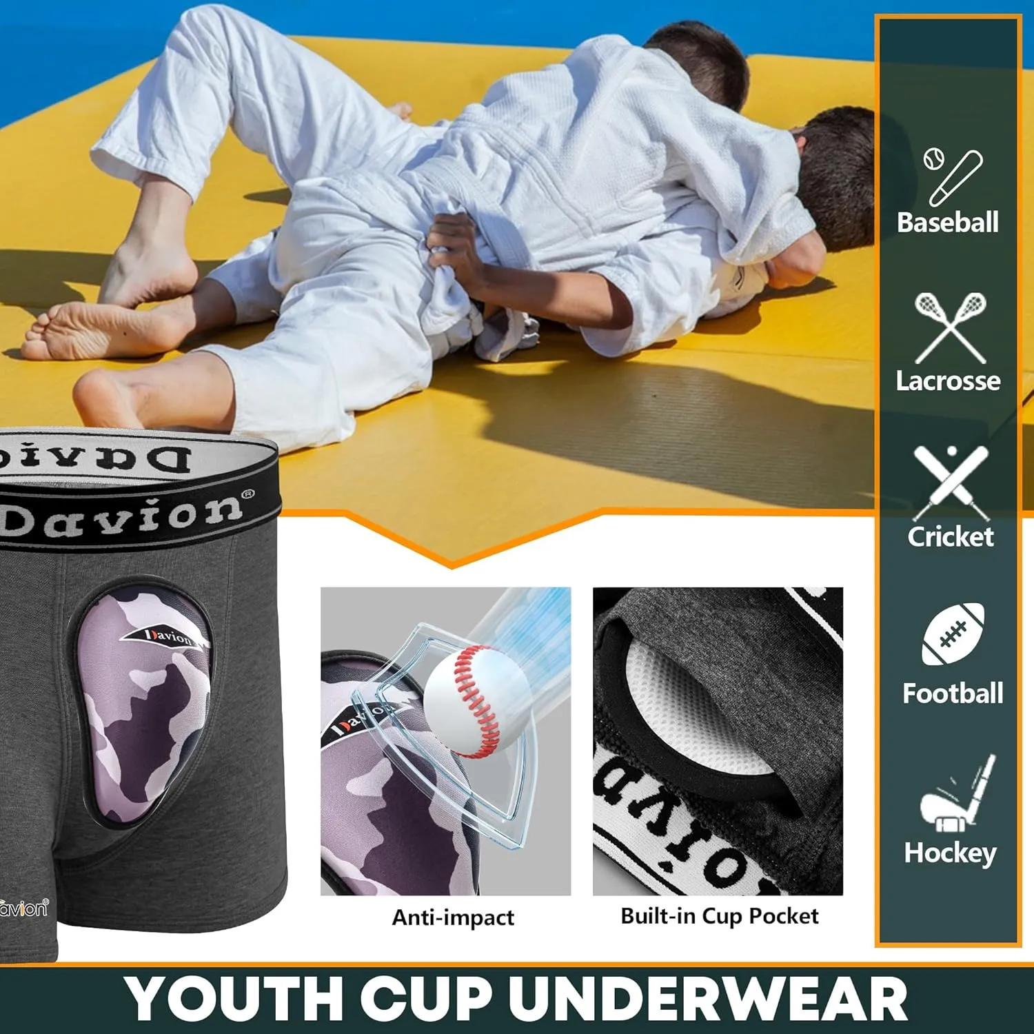 Davion 2-Pack Boys Underwear with 1 Soft Protective Athletic Cup Youth Briefs for Football, Baseball, Lacrosse
