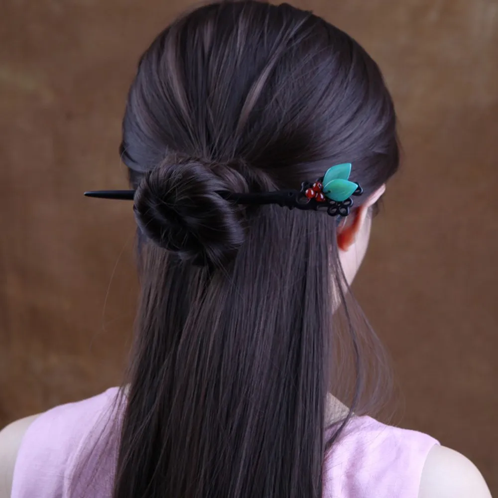 Ebony Wooden Vintage Leaves Hair Stick Handmade Carved Hair Pins 7.08" Chinese Hair Chopsticks for Women(1 pack)