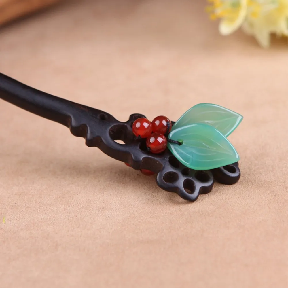 Ebony Wooden Vintage Leaves Hair Stick Handmade Carved Hair Pins 7.08" Chinese Hair Chopsticks for Women(1 pack)