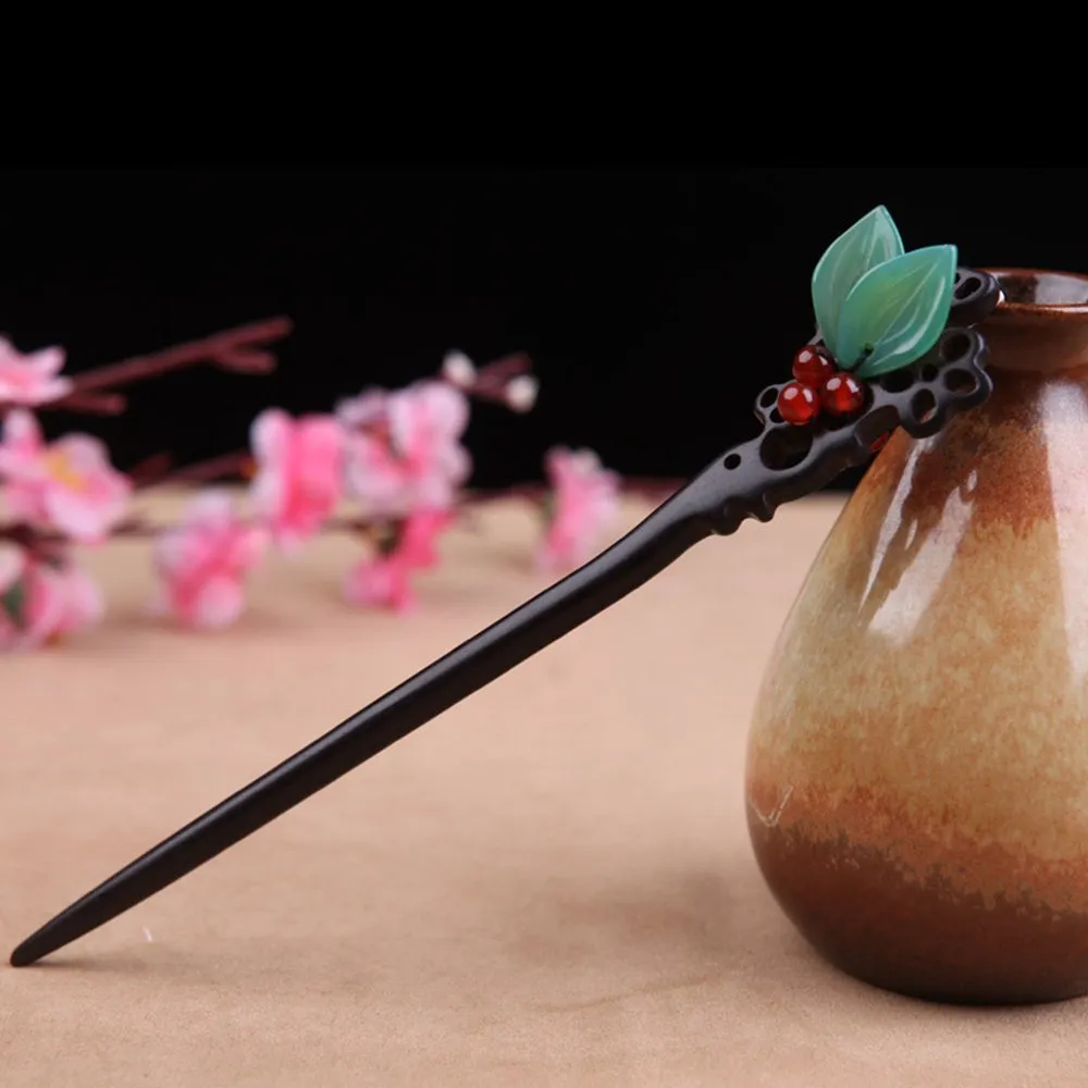Ebony Wooden Vintage Leaves Hair Stick Handmade Carved Hair Pins 7.08" Chinese Hair Chopsticks for Women(1 pack)