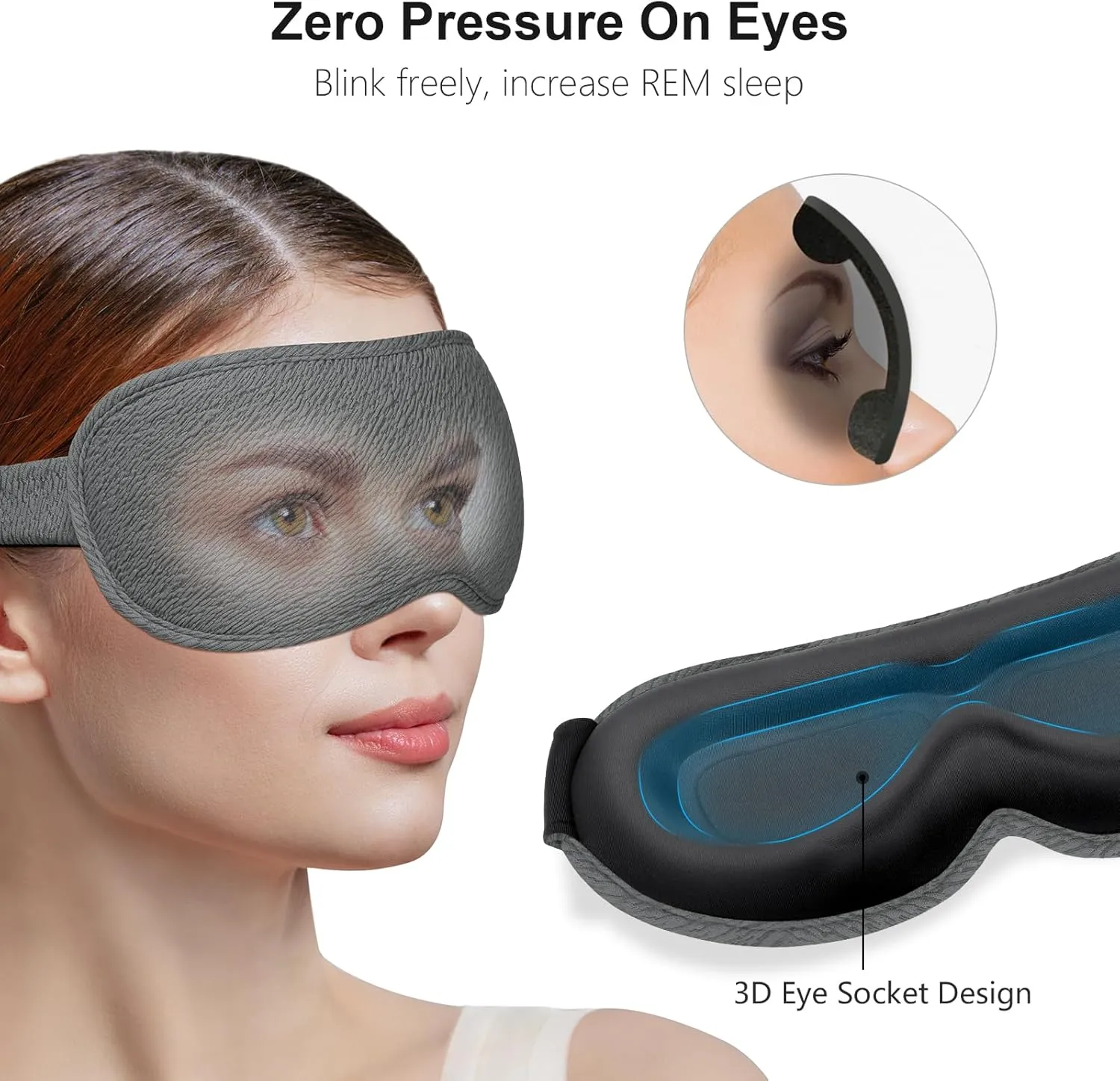Gritin 100% Blackout Sleep Eye Mask for Women Men,Zero Eye Pressure Sleeping Mask-Ergonomic Design 3D Cutout Eye Movement and Eyelash Friendly Night Blindfold,Ultra Soft&Comfortable for Sleeping-Grey