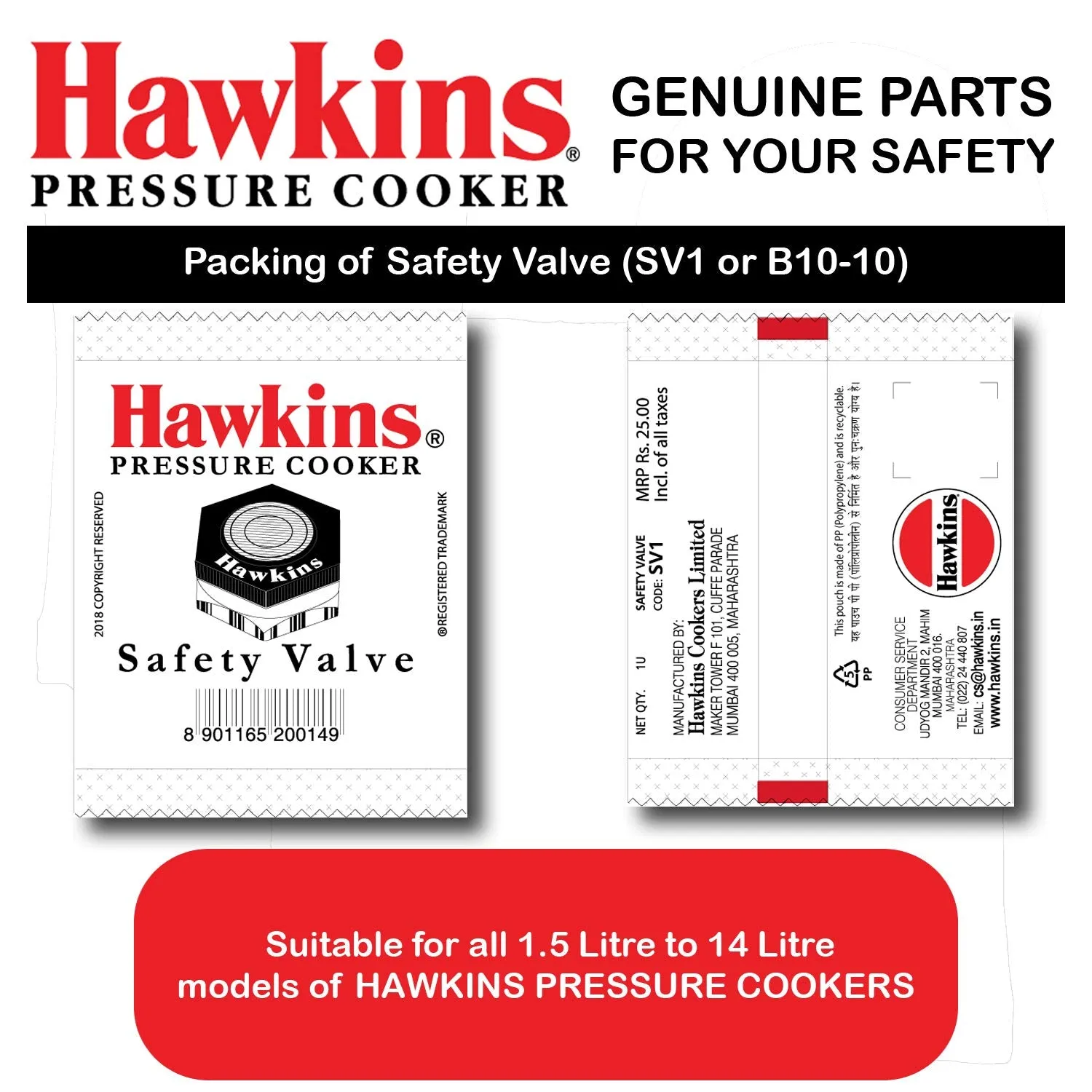 Hawkins Pressure Cookers Safety Valve from 1.5 Litre to 14 Litre, Black, Standard (HSFValce)
