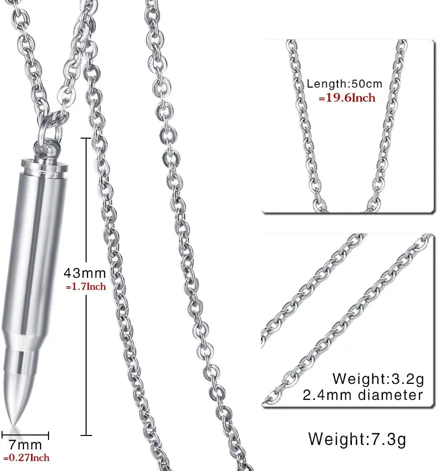HUANIAN Stainless Bullet Shape Canister Capsule Memorial Keepsake Pendant Cremation Ash Urn Necklace for Men