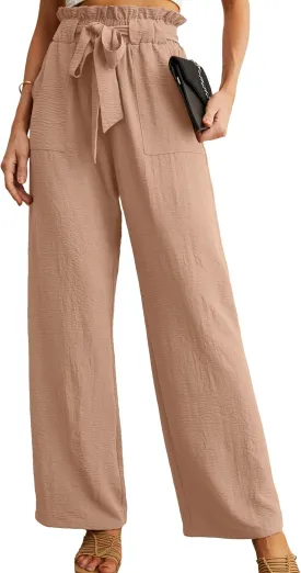 IWOLLENCE Women's Wide Leg Pants with Pockets High Waist Adjustable Knot Loose Casual Trousers Business Work Casual Pants