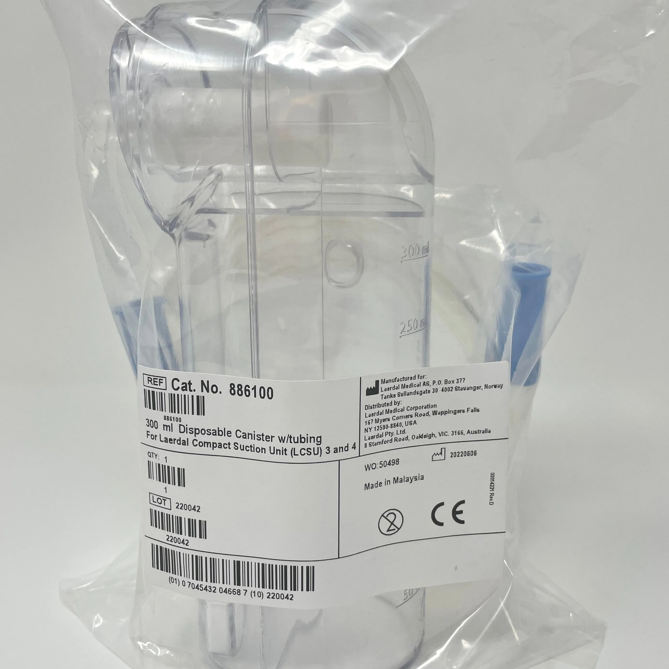LAERDAL 300ml disposable canister w/tubing for Laerdal Compact suction Unit (LCSU) 3 & 4