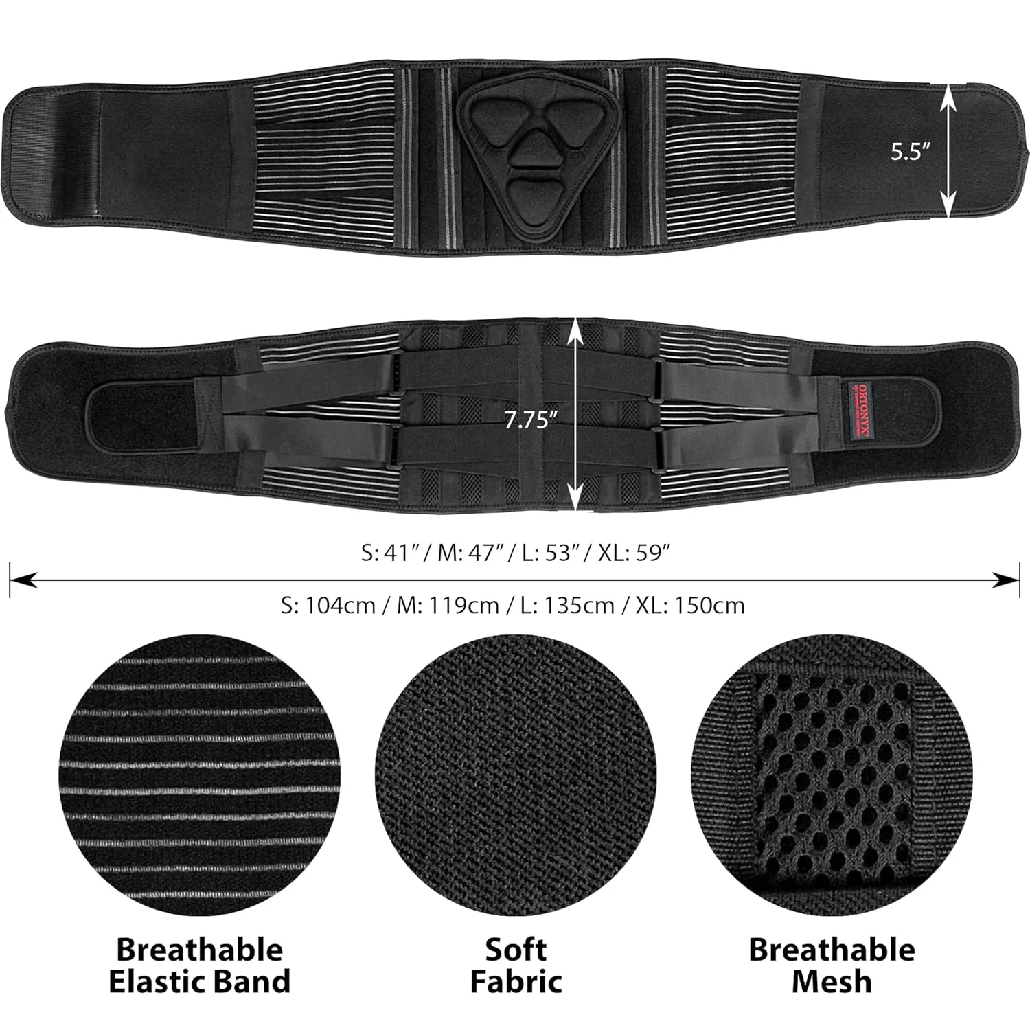 ORTONYX Lower Back Support Belt for Men and Women, Heavy Wok Lifting, Back pain Relief, Herniated Disc, Sciatica/Black M