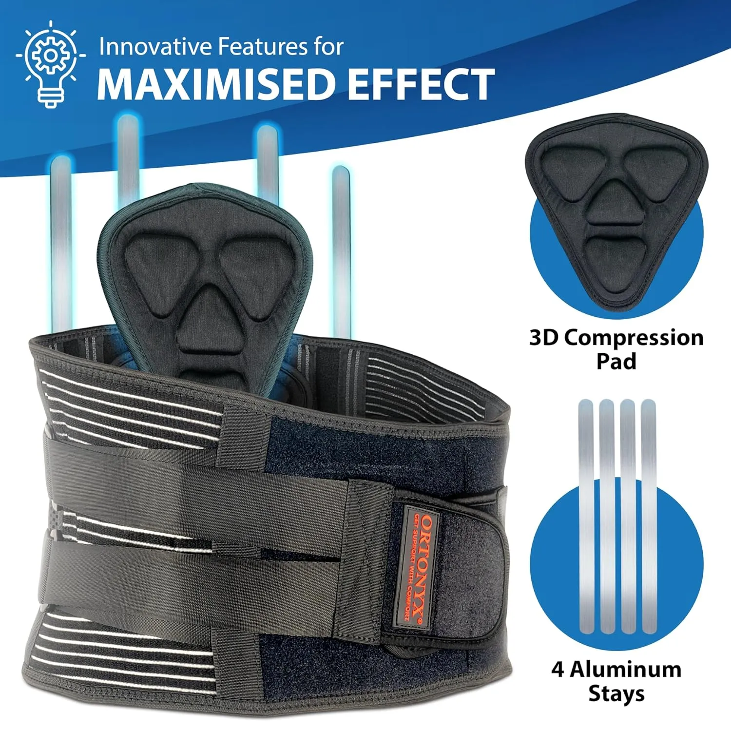 ORTONYX Lower Back Support Belt for Men and Women, Heavy Wok Lifting, Back pain Relief, Herniated Disc, Sciatica/Black M