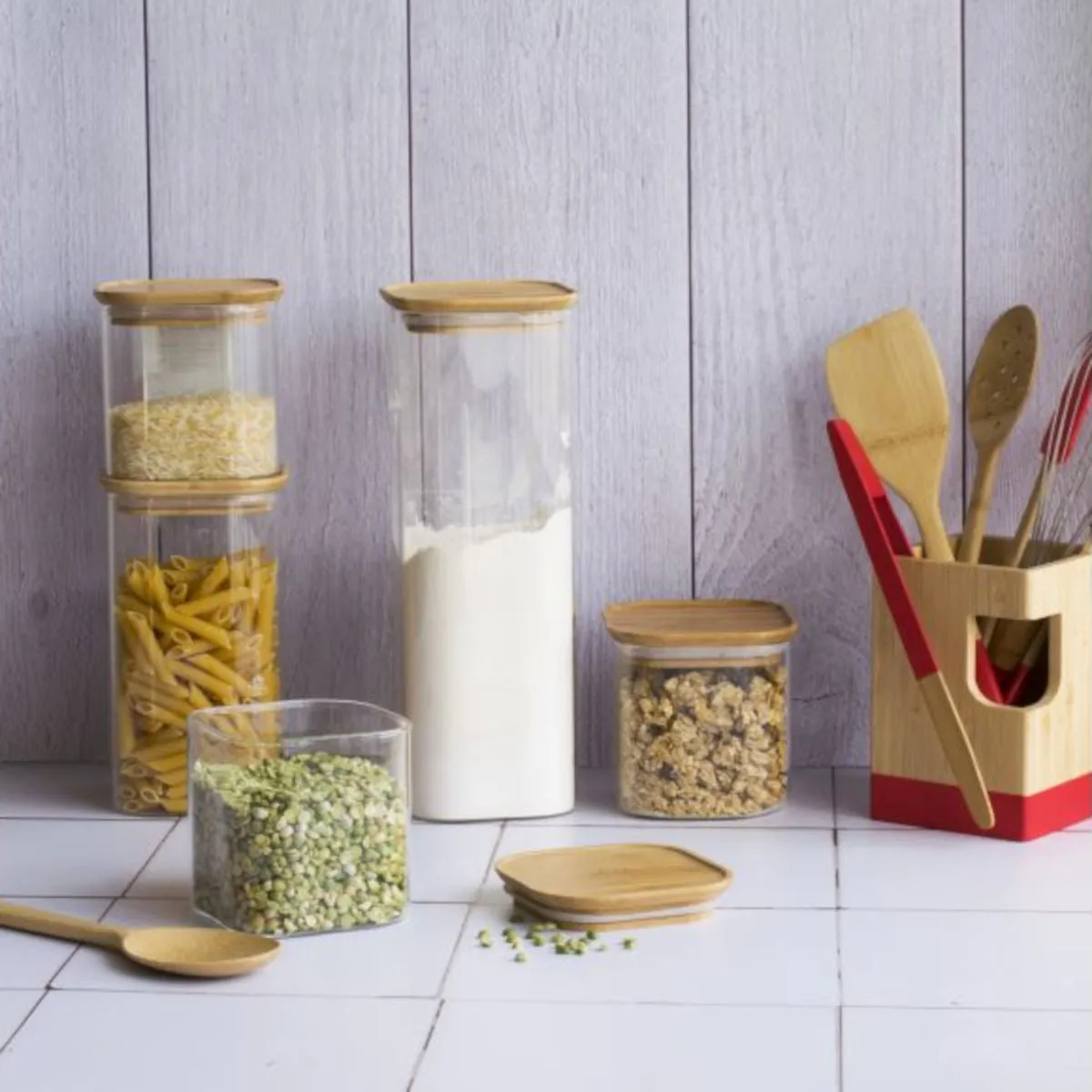 Pebbly Square Canister with Bamboo Lid 800ml