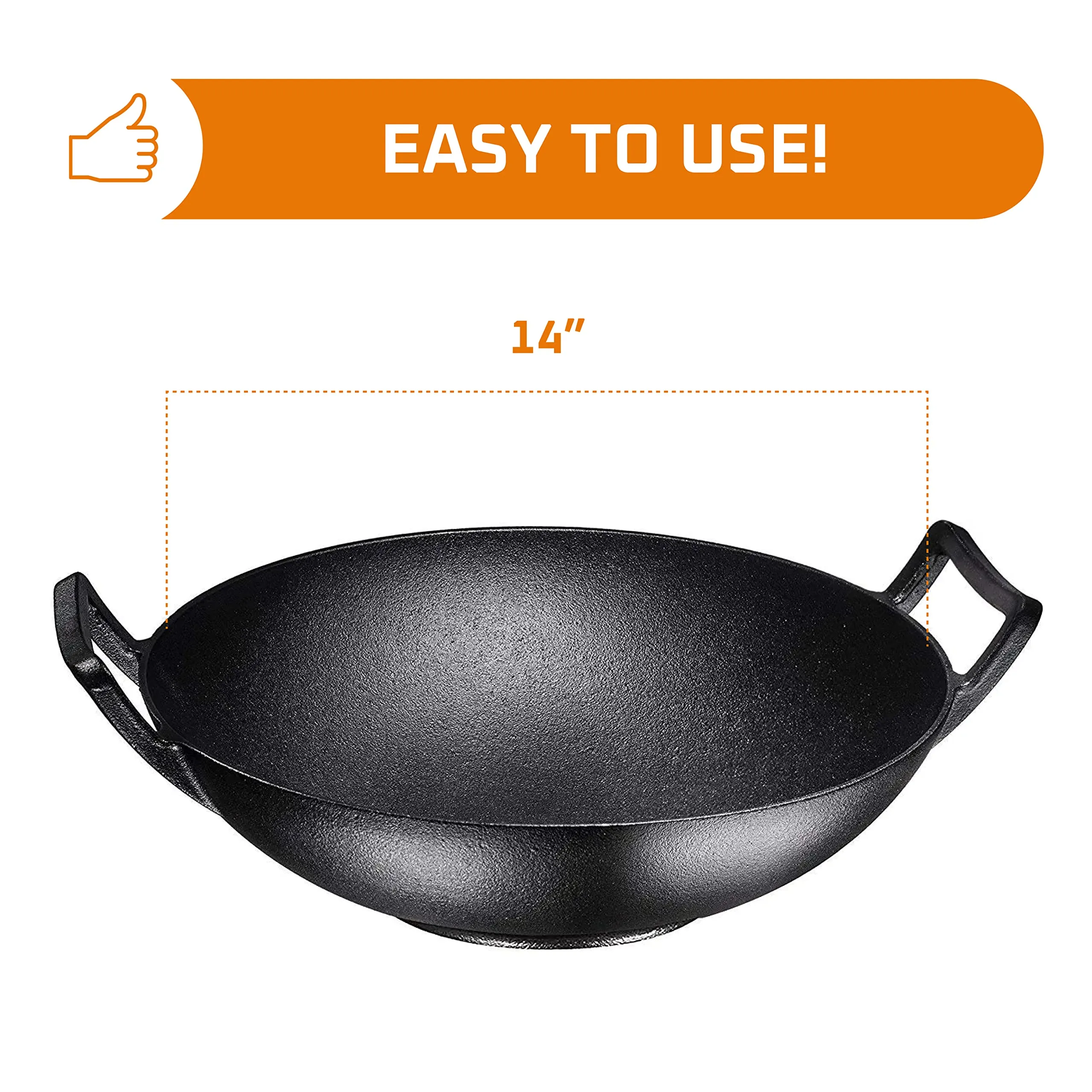Pre-Seasoned Cast Iron Wok, Black, 14-Inch W/ Large Loop Handles & Flat Base With Wooden