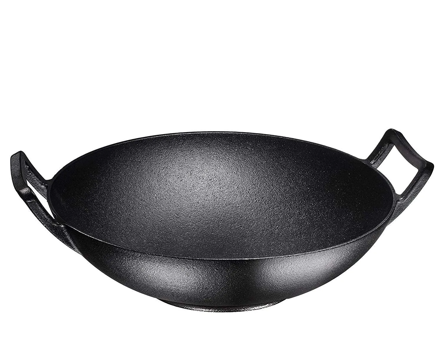 Pre-Seasoned Cast Iron Wok, Black, 14-Inch W/ Large Loop Handles & Flat Base With Wooden