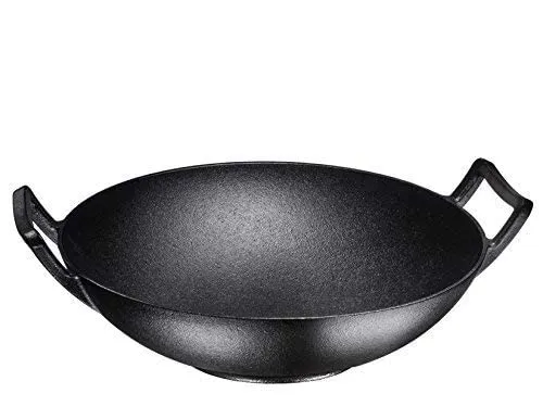 Pre-Seasoned Cast Iron Wok, Black, 14-Inch W/ Large Loop Handles & Flat Base With Wooden
