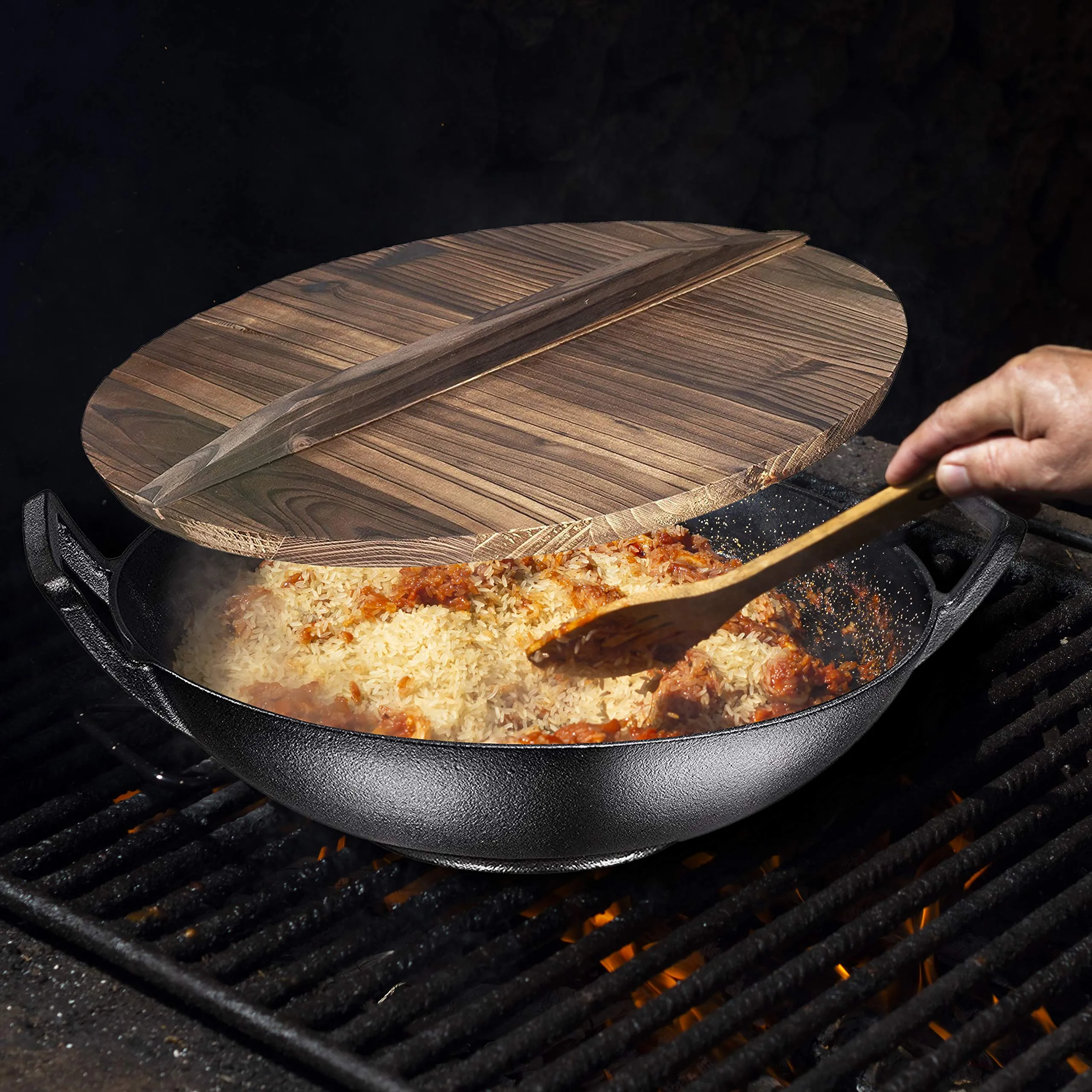Pre-Seasoned Cast Iron Wok, Black, 14-Inch W/ Large Loop Handles & Flat Base With Wooden