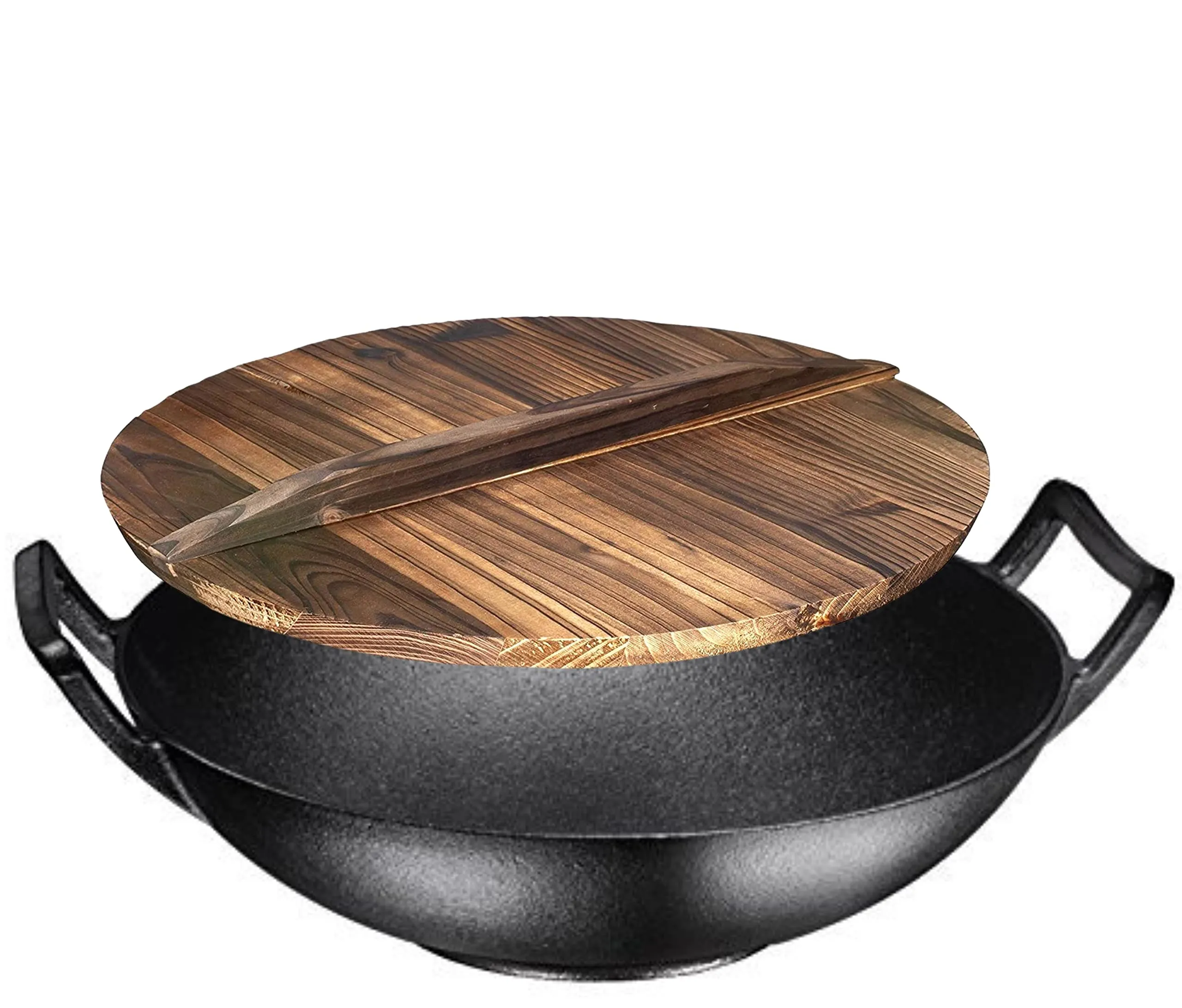 Pre-Seasoned Cast Iron Wok, Black, 14-Inch W/ Large Loop Handles & Flat Base With Wooden