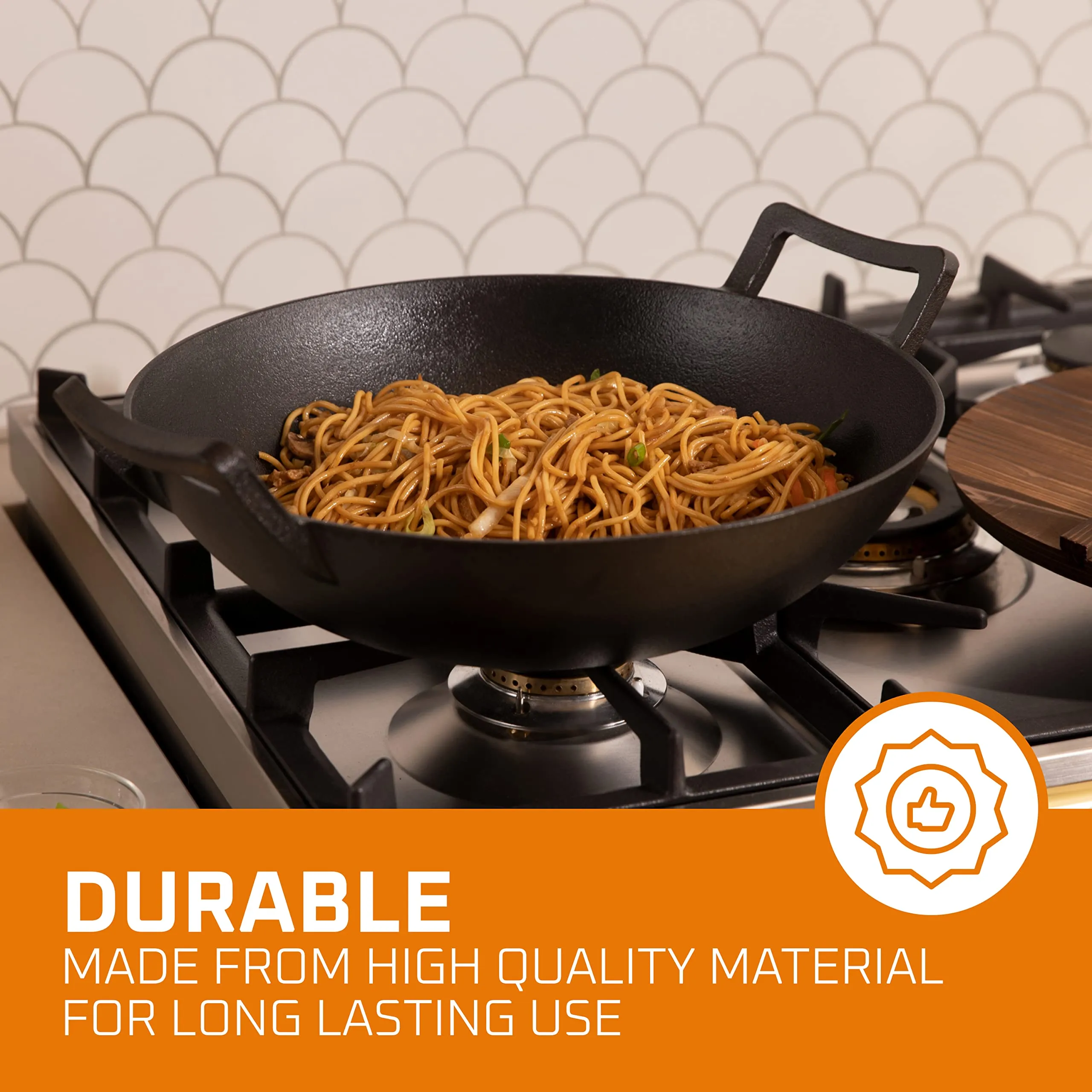 Pre-Seasoned Cast Iron Wok, Black, 14-Inch W/ Large Loop Handles & Flat Base With Wooden