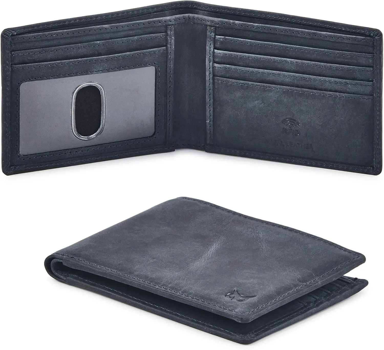 Real Leather Mens Bifold Wallet RFID Blocking Slim Minimalist Front Pocket - Thin & Stylish with ID Window in Gift Box (Crazy Horse, Navy)