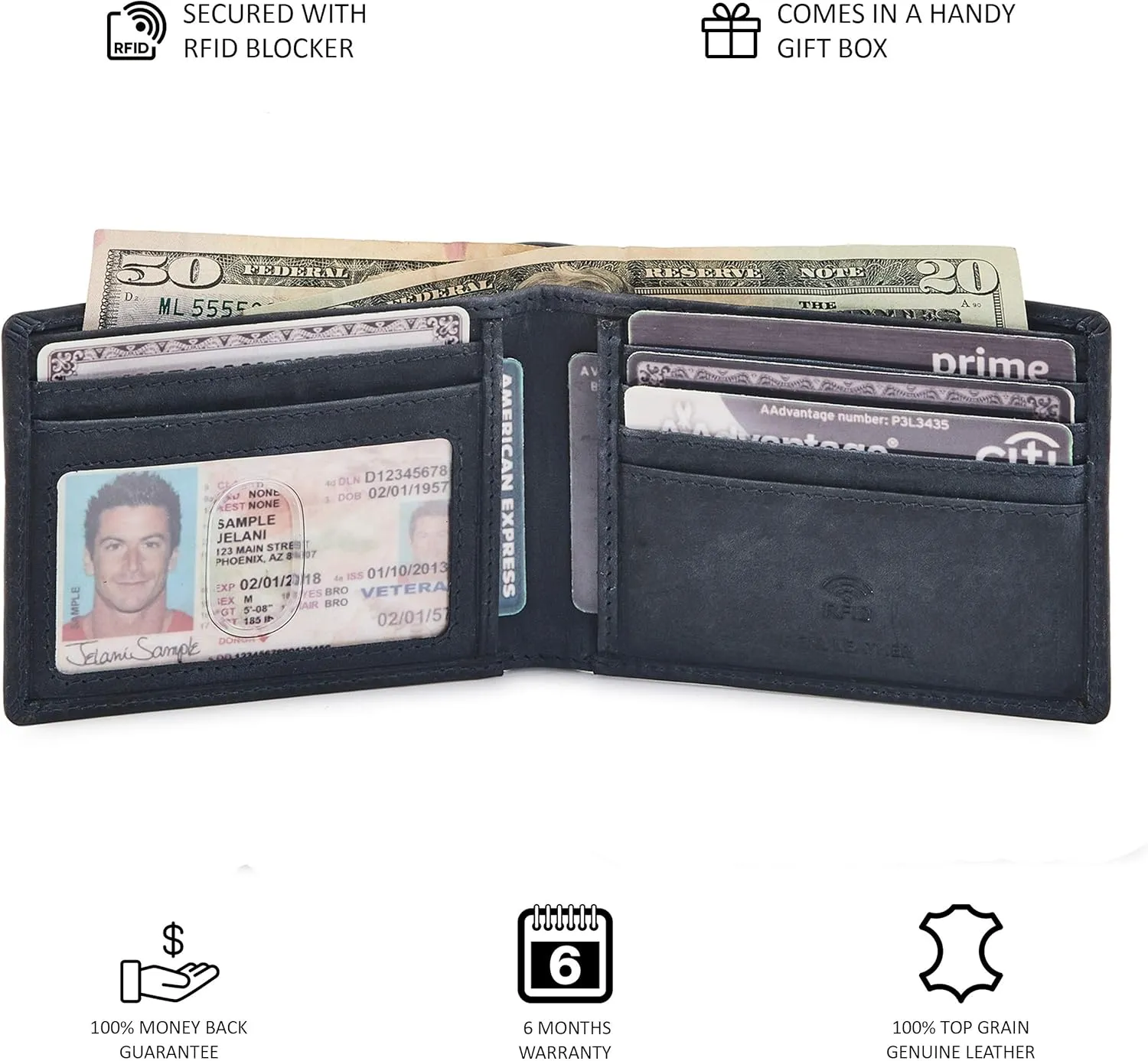 Real Leather Mens Bifold Wallet RFID Blocking Slim Minimalist Front Pocket - Thin & Stylish with ID Window in Gift Box (Crazy Horse, Navy)