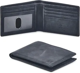 Real Leather Mens Bifold Wallet RFID Blocking Slim Minimalist Front Pocket - Thin & Stylish with ID Window in Gift Box (Crazy Horse, Navy)