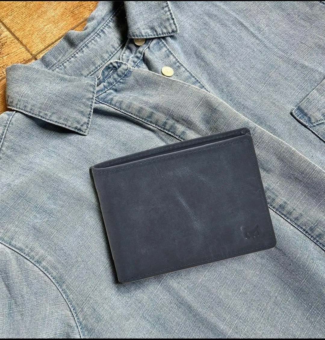 Real Leather Mens Bifold Wallet RFID Blocking Slim Minimalist Front Pocket - Thin & Stylish with ID Window in Gift Box (Crazy Horse, Navy)