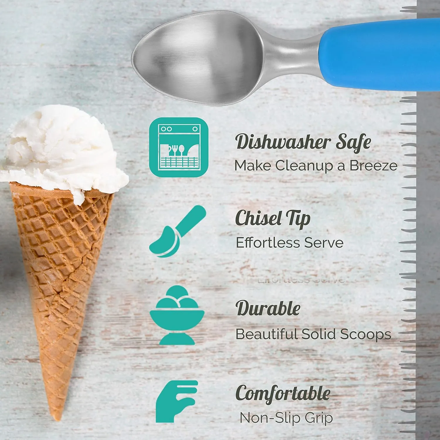 Rockland Guard Ice Cream Scoop with Chisel-Shaped Tip, Non-Slip Easy to Grip Handle, Solid Stainless Steel for Hard or Soft Ice Cream - Dishwasher Safe. (Blue)