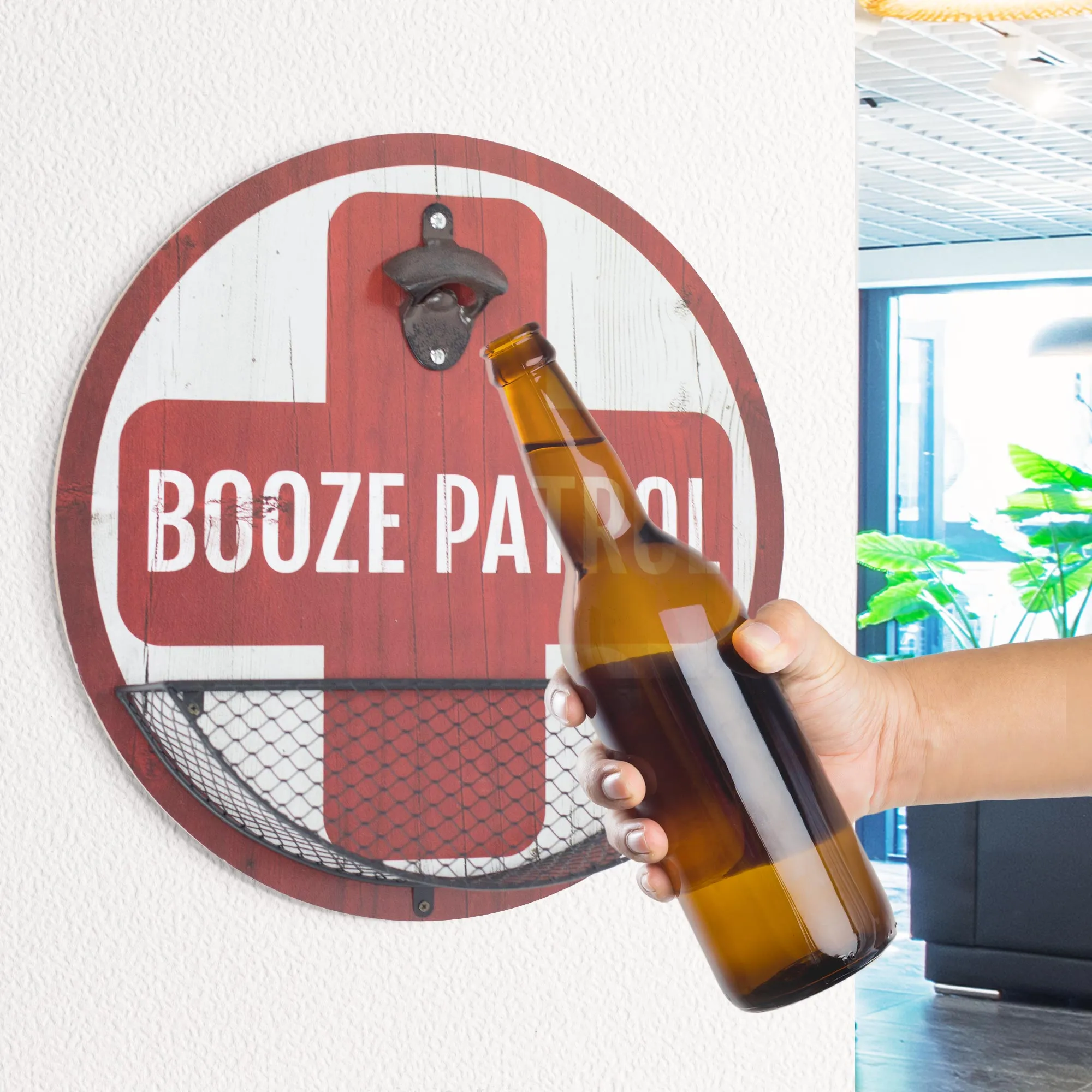 Rustic Vintage 'Booze Patrol' Bottle Opener & Cap Catcher - 14"