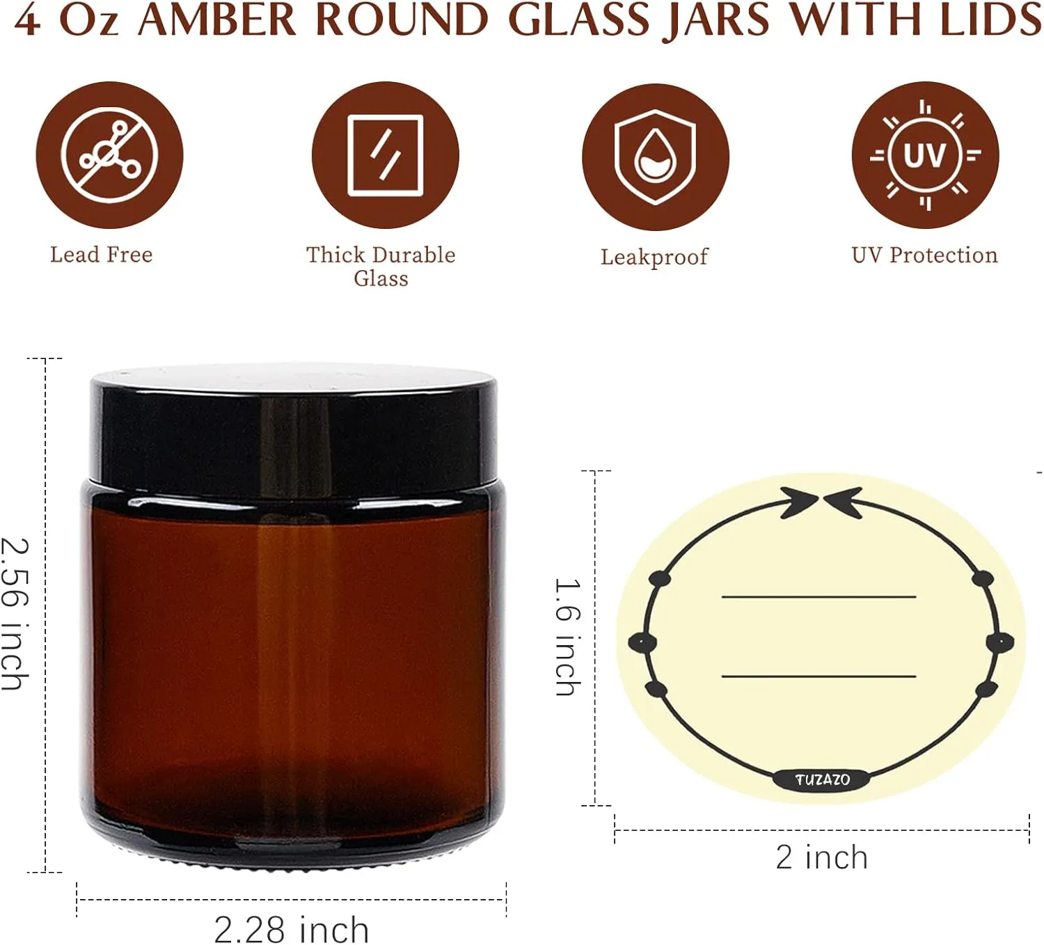 TUZAZO 12 Pack 4 Oz Thick Amber Round Glass Jars with Lids - Empty Candle Making Jar/Food Storage Canning Jar/Cosmetic Containers with Leakproof Lids for Cream Lotion Body Butter Beauty Products