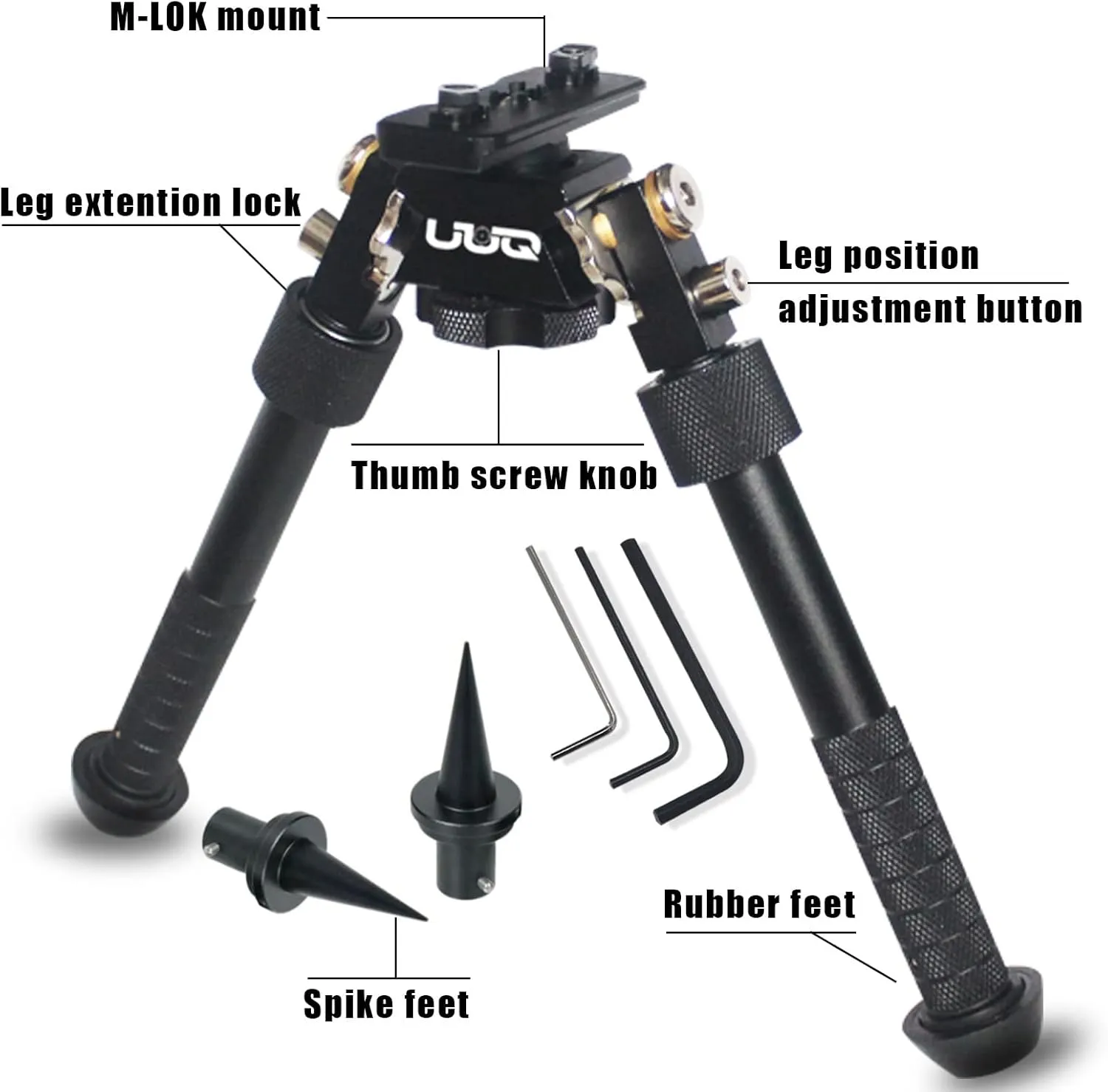 UUQ QV8 6-9 Inches Tactical Rifle Adjustable Bipod for Hunting and Shooting, Mount Base for Mlok Handguards, Directly Attach to M-Rail System, w/Spike Feet