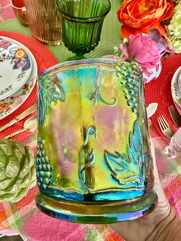 Vintage Canister Jar Green Indiana Carnival Glass Iridescent