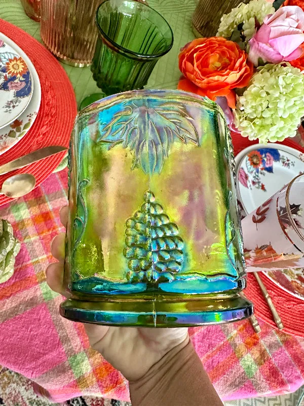 Vintage Canister Jar Green Indiana Carnival Glass Iridescent