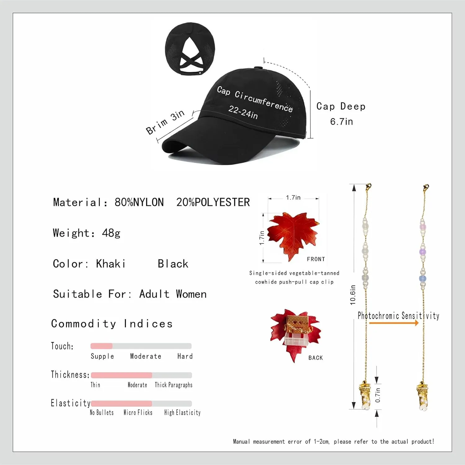 Women's Detachable Windproof Chain Cap Clip Cross Ponytail Baseball Cap Adjustable High Messy Bun Ponycap Quick Dry Cap