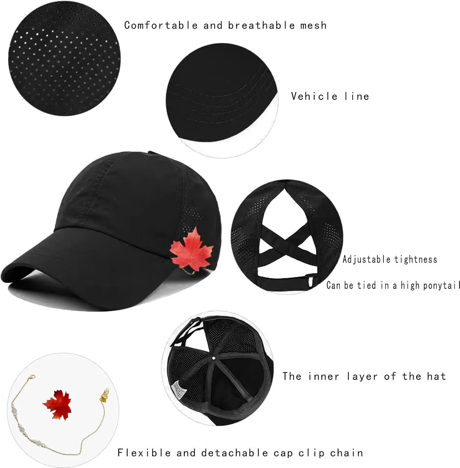 Women's Detachable Windproof Chain Cap Clip Cross Ponytail Baseball Cap Adjustable High Messy Bun Ponycap Quick Dry Cap